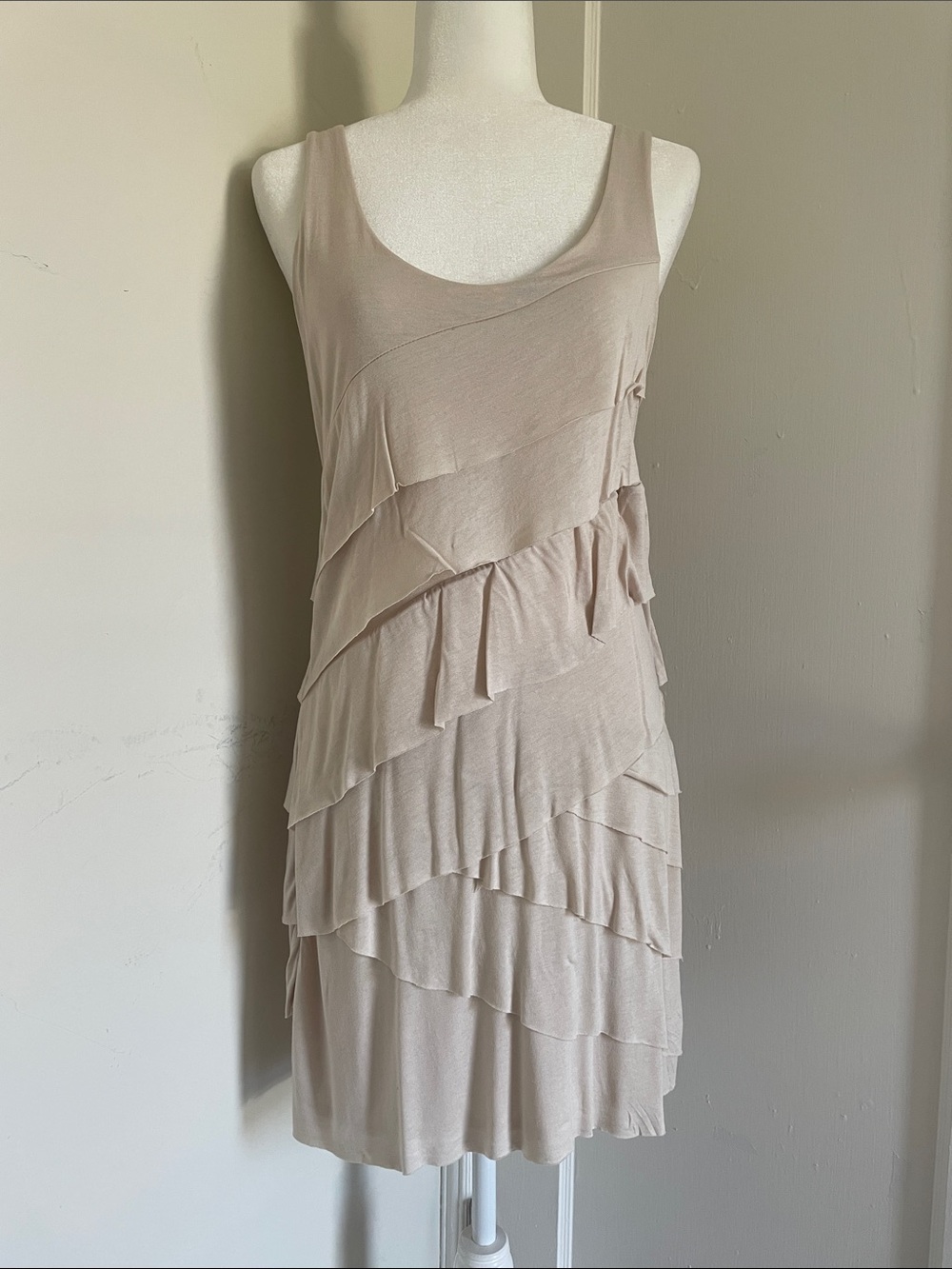 New York & Company Taupe Layered Ruffle Mini Dress